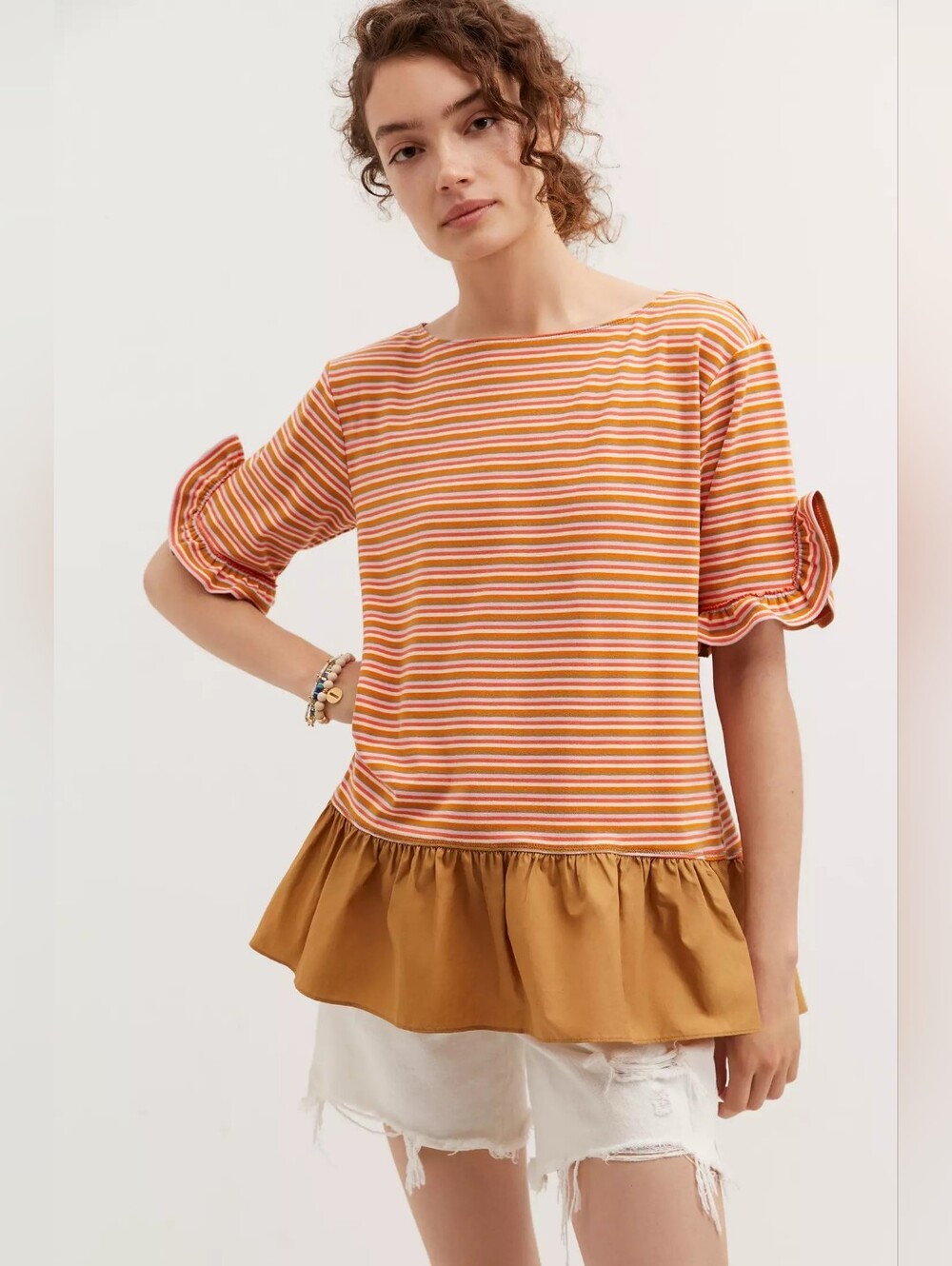 Maeve Anthropologie Ruffled Peplum Striped Tunic Top Size XL